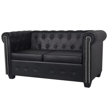 vidaXL Καναπές Διθέσιος Chesterfield Μαύρος από Συνθετικό Δέρμα 145,5x76x70cm 1 τεμ.