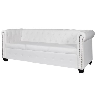 vidaXL Καναπές Τριθέσιος Chesterfield Λευκός από Συνθετικό Δέρμα 200,5x76x70cm 1 τεμ.