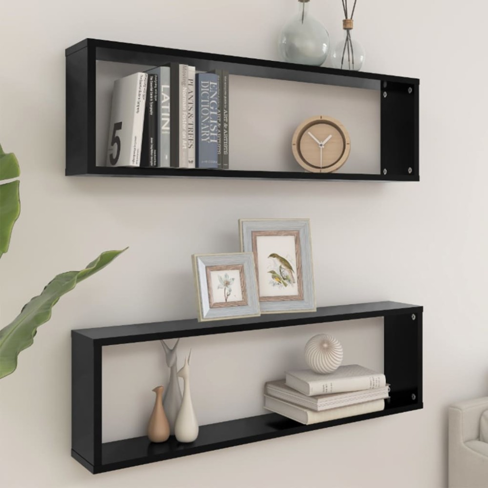 vidaXL Ράφια Κύβοι Τοίχου 2 τεμ. Μαύρα 100x15x30cm Επεξ. Ξύλο