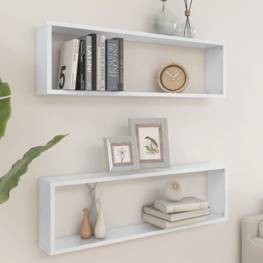vidaXL Ράφια Κύβοι Τοίχου 2 τεμ. Γυαλ. Λευκό 100x15x30cm Επεξ. Ξύλο