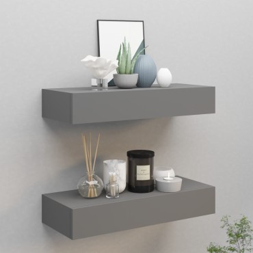 vidaXL Ράφια Τοίχου με Συρτάρια 2 τεμ. Γκρι 60x23,5x10cm από MDF