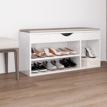 vidaXL Παπουτσοθήκη Γυαλ. Λευκή 104x30x49cm Επεξ. Ξύλο με Μαξιλάρι