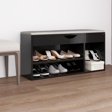 vidaXL Παπουτσοθήκη Γυαλ. Μαύρη 104x30x49cm Επεξ. Ξύλο με Μαξιλάρι