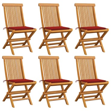 vidaXL Καρέκλες Κήπου 6 τεμ. από Μασίφ Ξύλο Teak με Κόκκινα Μαξιλάρια 47x60x89cm