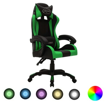vidaXL Καρέκλα Racing με Φωτισμό RGB LED Πράσινο/Μαύρο Συνθετικό Δέρμα 64x65x(111,5-119)cm 1 τεμ.