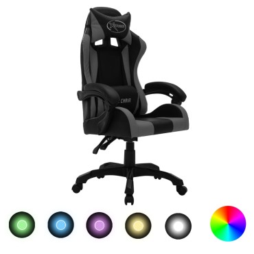 vidaXL Καρέκλα Racing με Φωτισμό RGB LED Γκρι/Μαύρο Συνθετικό Δέρμα 64x65x(111,5-119)cm 1 τεμ.