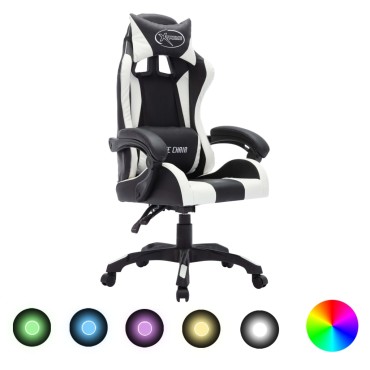 vidaXL Καρέκλα Racing με Φωτισμό RGB LED Ασπρόμαυρη Συνθετικό Δέρμα 64x65x(111,5-119)cm 1 τεμ.