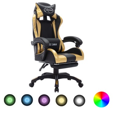 vidaXL Καρέκλα Racing με Φωτισμό RGB LED Χρυσό/Μαύρο Συνθετικό Δέρμα 64x65x(111,5-119)cm 1 τεμ.