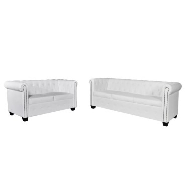 vidaXL Καναπέδες Chesterfield Διθέσιος + Τριθέσιος Λευκό Συνθ. Δέρμα 145,5x76x70cm