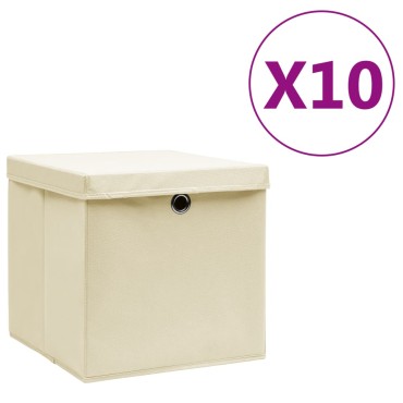 vidaXL Κουτιά Αποθήκευσης με Καπάκια 10 τεμ. Κρεμ 28 x 28 x 28 εκ.