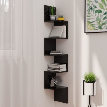 vidaXL Γωνιακή Ραφιέρα Τοίχου Γυαλ.Μαύρη 19x19x123cm από Επεξ. Ξύλο 1 τεμ.