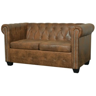 vidaXL Καναπές Διθέσιος Chesterfield Καφέ από Συνθετικό Δέρμα 145,5x76x70cm 1 τεμ.