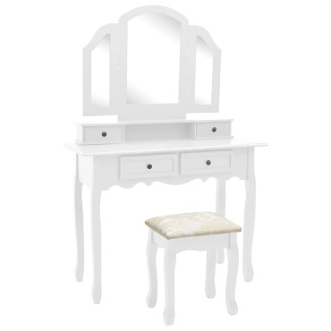 vidaXL Μπουντουάρ με Σκαμπό Λευκό 100x40x146cm Ξύλο Παυλώνιας 1 τεμ.