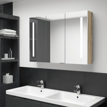 vidaXL Καθρέφτης Μπάνιου με Ντουλάπι & LED Λευκο/Δρυς 89x14x62cm 1 τεμ.