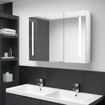 vidaXL Καθρέφτης Μπάνιου με Ντουλάπι & LED Γυαλ. Λευκό 89x14x62cm 1 τεμ.