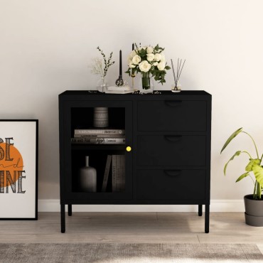 vidaXL Μπουφές Μαύρος 75x35x70cm από Ατσάλι και Ψημένο Γυαλί 1 τεμ.