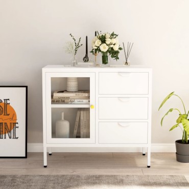 vidaXL Μπουφές Λευκός 75x35x70cm από Ατσάλι και Ψημένο Γυαλί 1 τεμ.