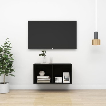 vidaXL Έπιπλο Τηλεόρασης Κρεμαστό Γυαλ. Μαύρο 37x37x72cm Επεξ. Ξύλο