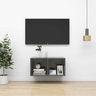 vidaXL Έπιπλο Τηλεόρασης Κρεμαστό Γυαλ. Γκρι 37x37x72cm Επεξ. Ξύλο