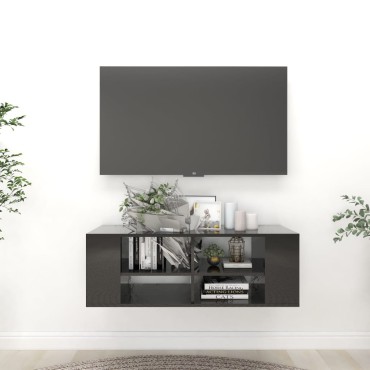 vidaXL Έπιπλο Τηλεόρασης Κρεμαστό Γυαλ. Μαύρο 102x35x35cm Επεξ. Ξύλο