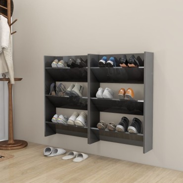 vidaXL Παπουτσοθήκες Τοίχου 2 τεμ. Γυαλ. Γκρι 60x18x90cm Επεξ. Ξύλο