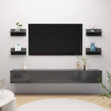 vidaXL Ραφιέρες Τοίχου 4 τεμ. Γυαλιστ. Γκρι 40x11,5x18cm Επεξ. Ξύλο
