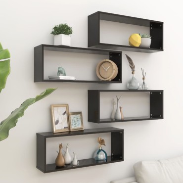 vidaXL Ράφια Κύβοι Τοίχου 4 τεμ. Μαύρα 60x15x23cm από Επεξ. Ξύλο
