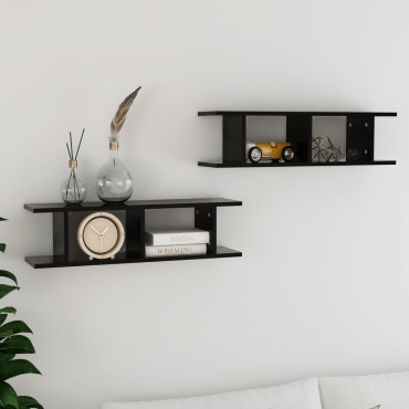 vidaXL Ραφιέρες Τοίχου 2 τεμ. Μαύρες 75x18x20cm Επεξεργ. Ξύλο