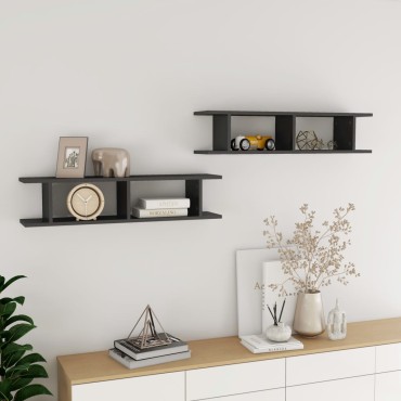 vidaXL Ραφιέρες Τοίχου 2 τεμ. Γυαλιστερό Γκρι 90x18x20cm Επεξ. Ξύλο