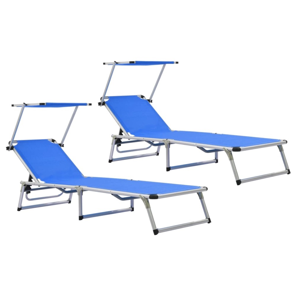312457 vidaXL Folding Sun Loungers with Roof 2 pcs Aluminium&Textilene Blue