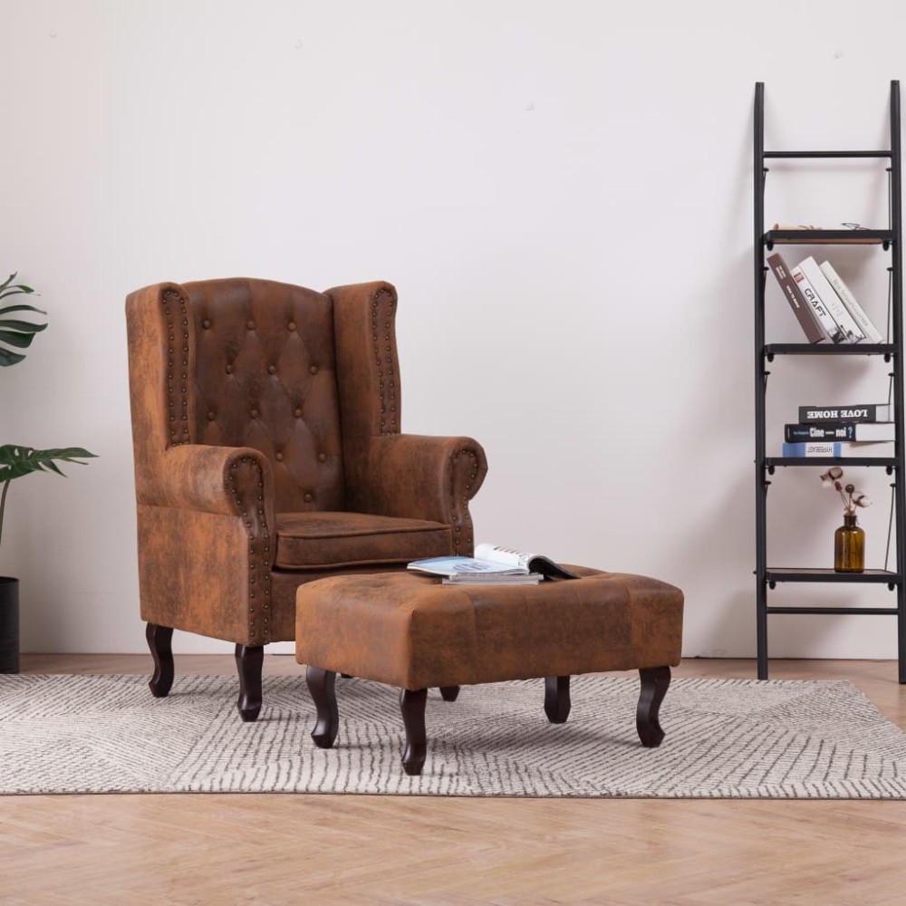 vidaXL Πολυθρόνα Chesterfield με Υποπόδιο Καφέ από Συνθετικό Καστόρι 78x67x108cm 1 τεμ.