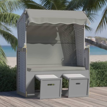 vidaXL Ξαπλώστρα Strandkorb Γκρι Συνθετικό Ρατάν/Μασίφ Ξύλο + Σκίαστρο 115x55x133/151/156cm 1 τεμ.