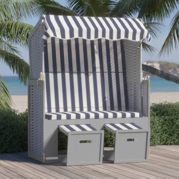 vidaXL Ξαπλώστρα Strandkorb με Σκίαστρο Μπλε/Λευκό Συνθ. Ρατάν/Ξύλο 115x55x133/151/156cm 1 τεμ.
