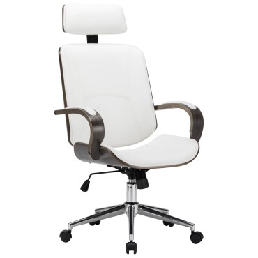 vidaXL Καρέκλα Γραφείου με Προσκέφαλο Λευκή Συνθ. Δέρμα/Λυγισμένο Ξύλο 64x65x(117,5-125)cm 1 τεμ.