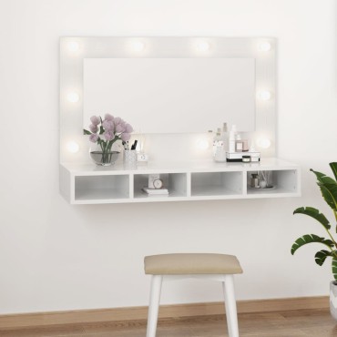 vidaXL Έπιπλο Καθρέπτη με LED Γυαλιστερό Λευκό 90x31,5x62cm 1 τεμ.