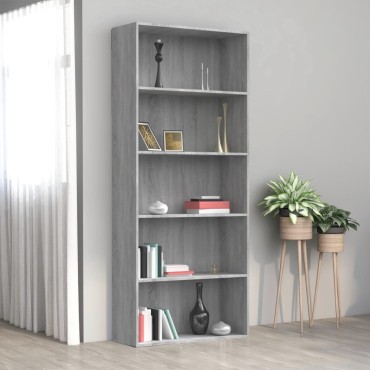 vidaXL Βιβλιοθήκη με 5 Ράφια Γκρι Sonoma 80x30x189cm Επεξεργ. Ξύλο 1 τεμ.
