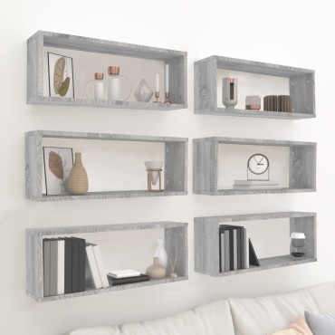 vidaXL Ραφιέρες Τοίχου Κύβος 6 τεμ. Γκρι Sonoma 60x15x23cm Επεξ. Ξύλο