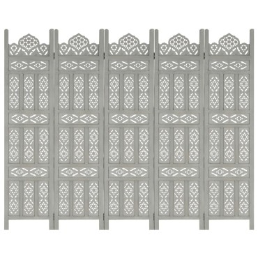vidaXL Παραβάν Σκαλιστό στο Χέρι 5 Πάνελ Γκρι 200x165cm Ξύλο Μάνγκο 1 τεμ.