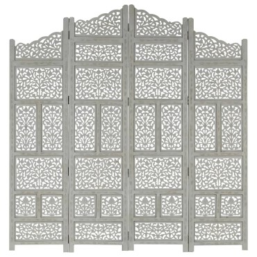 vidaXL Παραβάν Σκαλιστό στο Χέρι 4 Πάνελ Γκρι 160x165cm Ξύλο Μάνγκο 1 τεμ.