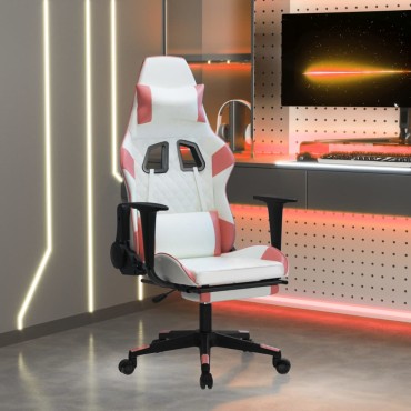 vidaXL Καρέκλα Gaming Μασάζ Υποπόδιο Λευκό & Ροζ από Συνθετικό Δέρμα 64x60x(117-127)cm 1 τεμ.