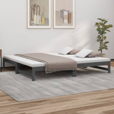 vidaXL Καναπές Κρεβάτι Συρόμενος Γκρι 2x(100x200)cm Μασίφ Ξύλο Πεύκου 1 τεμ. - Μονό