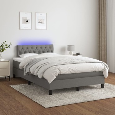 vidaXL Κρεβάτι Boxspring με Στρώμα & LED Σκ.Γκρι 120x200cm Υφασμάτινο 1 τεμ. - Μονό