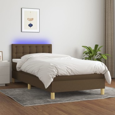 vidaXL Κρεβάτι Boxspring με Στρώμα & LED Σκ.Καφέ 80x200cm Υφασμάτινο 1 τεμ. - Μονό