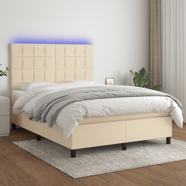 vidaXL Κρεβάτι Boxspring με Στρώμα & LED Κρεμ 140x190cm Υφασμάτινο 1 τεμ. - Μονό