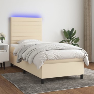 vidaXL Κρεβάτι Boxspring με Στρώμα & LED Κρεμ 80x200cm Υφασμάτινο 1 τεμ. - Μονό