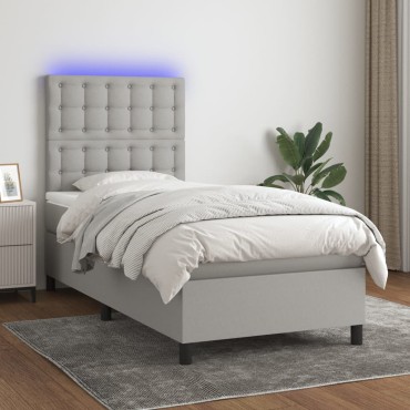 vidaXL Κρεβάτι Boxspring με Στρώμα & LED Αν.Γκρι 100x200εκ. Υφασμάτινο