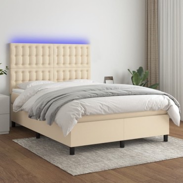 vidaXL Κρεβάτι Boxspring με Στρώμα & LED Κρεμ 140x190cm Υφασμάτινο 1 τεμ. - Μονό