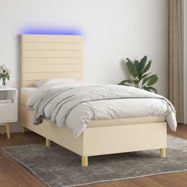 vidaXL Κρεβάτι Boxspring με Στρώμα & LED Κρεμ 80x200cm Υφασμάτινο 1 τεμ. - Μονό