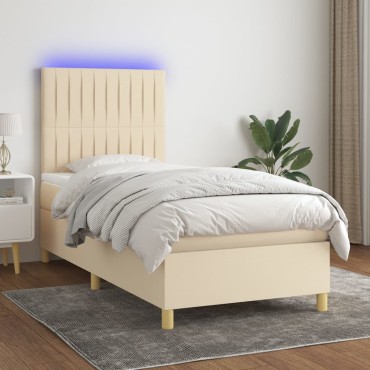 vidaXL Κρεβάτι Boxspring με Στρώμα & LED Κρεμ 80x200cm Υφασμάτινο 1 τεμ. - Μονό