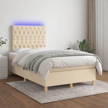 vidaXL Κρεβάτι Boxspring με Στρώμα & LED Κρεμ 120x200cm Υφασμάτινο 1 τεμ. - Μονό